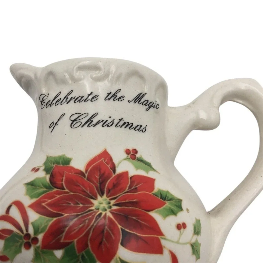Vintage Christmas Poinsettia Ceramic Pitcher Vase Holiday‎ Decor